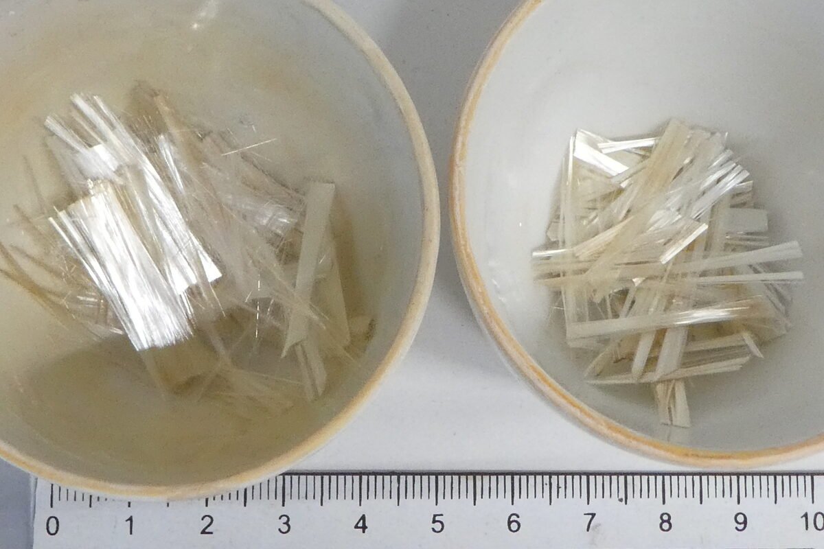 Recovered glass fiber samples next to a ruler