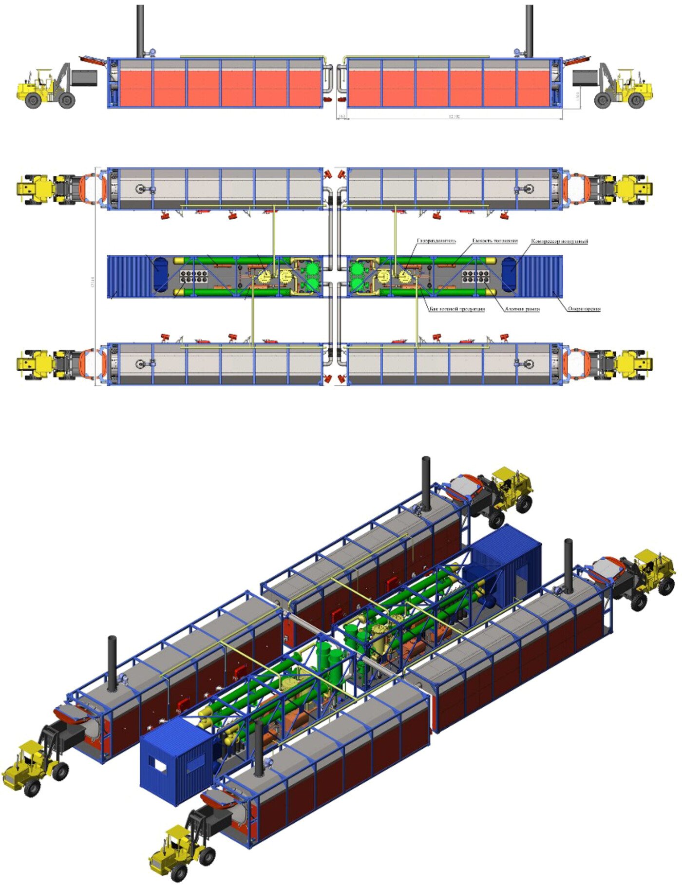 Concept render of several pyrolysis modules deployed as a cluster