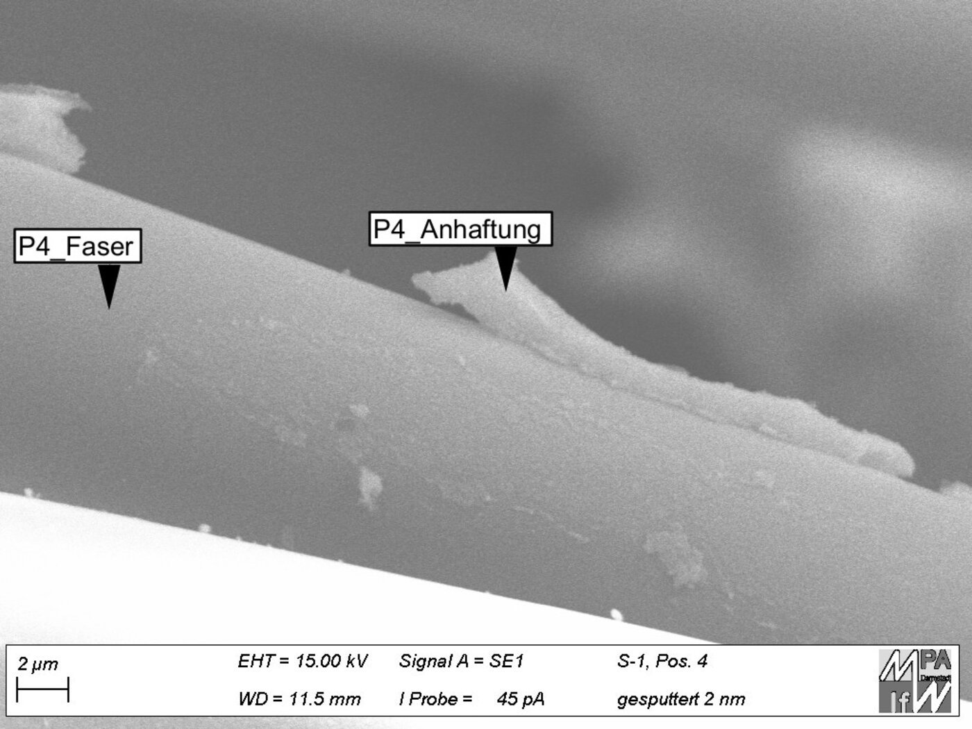 SEM micrograph of a recovered fiber surface with annotations and scale bar